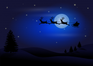 Disegno di un cielo notturno stellato con la silouhette della slitta di Babbp Natale con tre renne che passa davanti alla luna