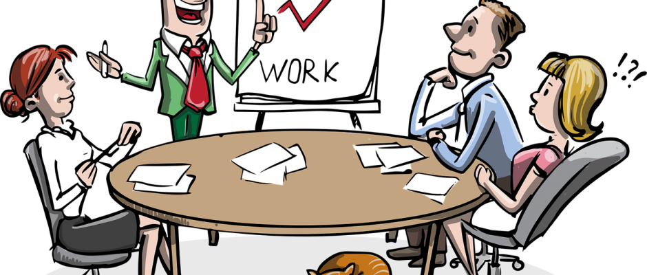 Vignetta che ritrae un meeting aziendale con un cartello con su scritto "team work"