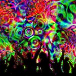 Delle silhouette di persone che ballano su uno sfondo di colori psichedelici