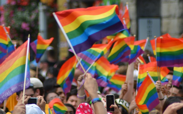 Una manifestazione dell'orgoglio gay (immagine da Pixabay) in cui tante persone per la strada sventolano bandiere arcobaleno