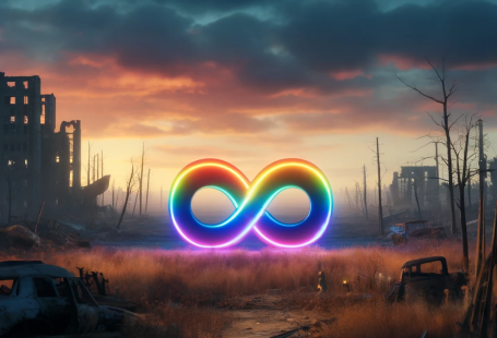 Il simbolo della neurodiversità, l'infinito dai colori arcobaleno, su uno sfondo post apocalittico