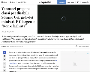 Screenshot dalla pagina di Repubblica che riporta la dichiarazione del gnerale Vannacci sulle classi speciali per persone disabili