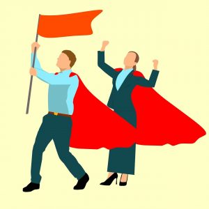 un disegno che ritrae un uomo e una donna con un mantello rosso, l'uomo innalza una bandiera rossa