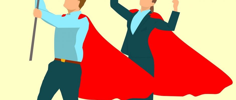 un disegno che ritrae un uomo e una donna con un mantello rosso, l'uomo innalza una bandiera rossa